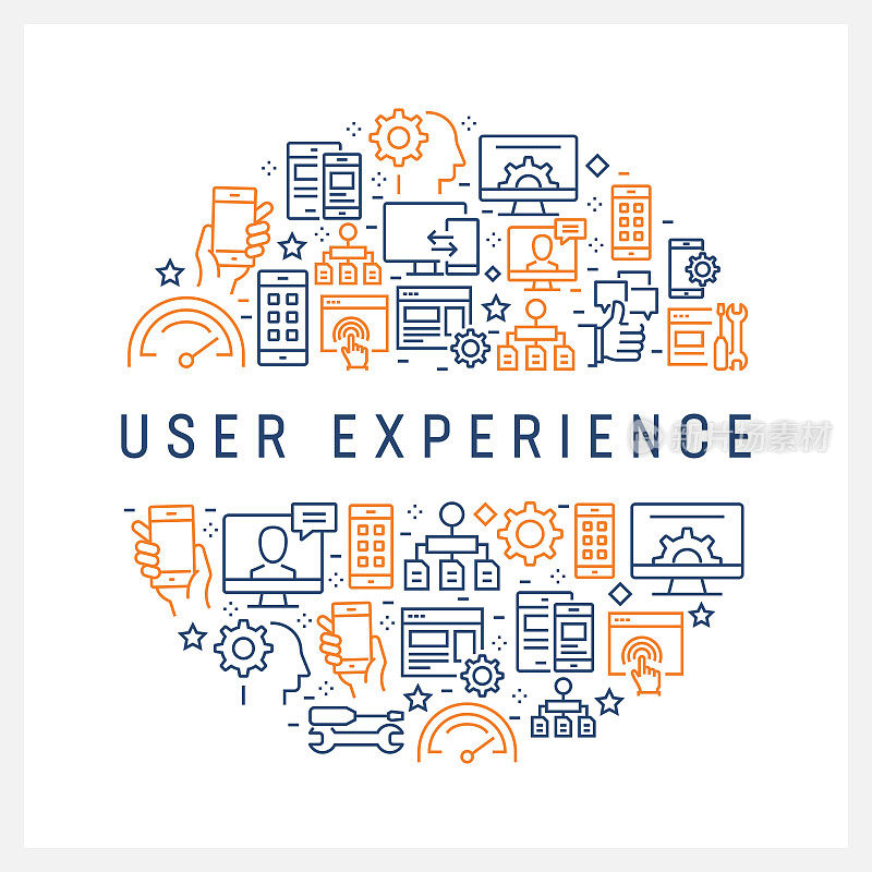 User Experience Related - Colorful Line Icons, Arranged in Circle